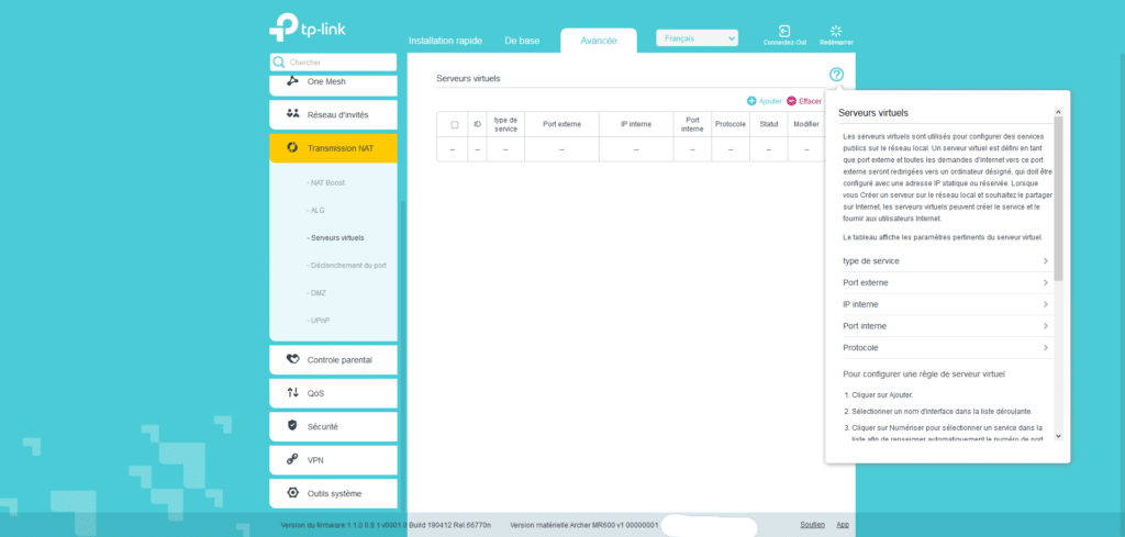 interface-archer-MR600-nat-serveurs-virtuels