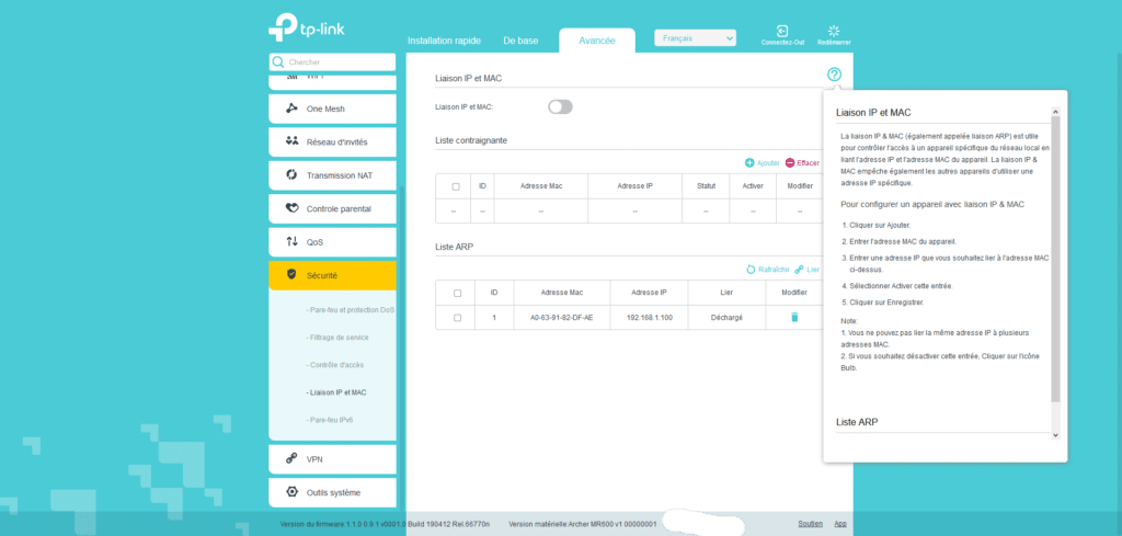 interface-archer-MR600-liaison-ip-mac-ARP