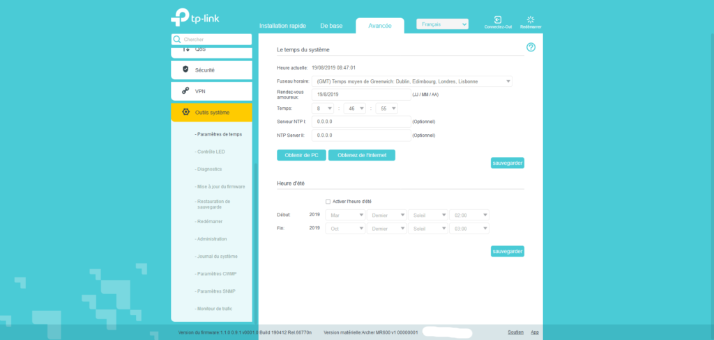 interface-archer-MR600 paramètres de temps