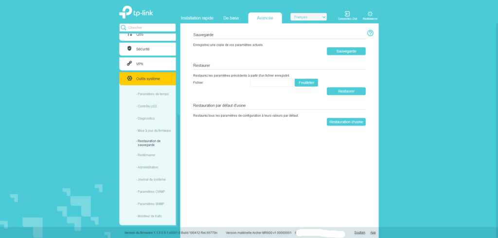 interface archer MR600 restauration