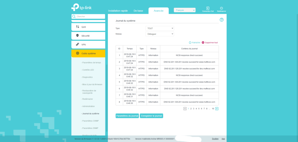 interface-archer-MR600-journal-système